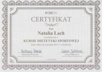 Certyfikat - Kurs dietetyki sportowej