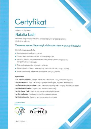 Certyfikat - Zaawansowana diagnostyka laboratoryjna w pracy dietetyka